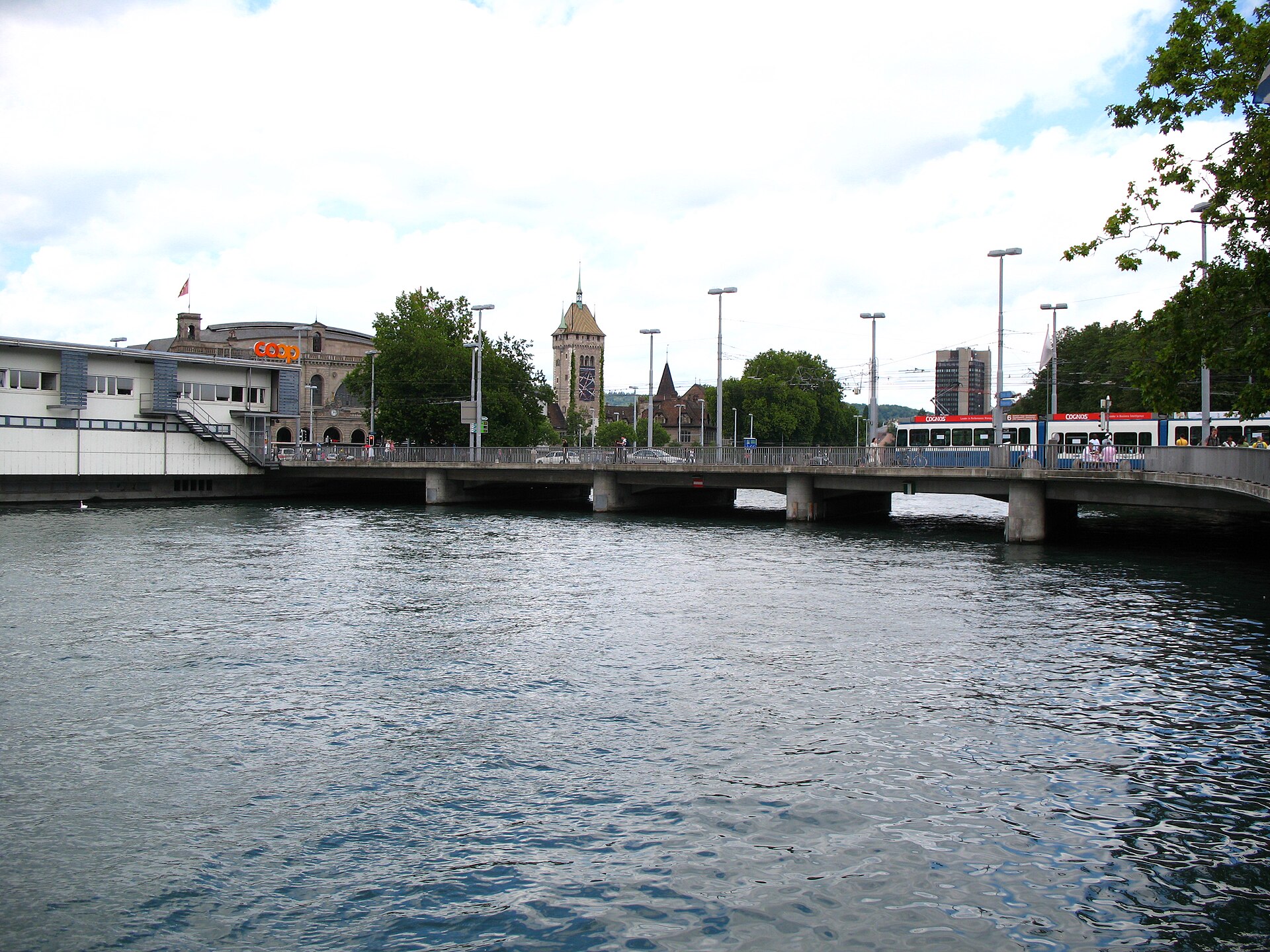 Zurich waterfront at Bahnhofbrücke with the Limmat and city transport